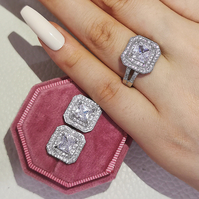 New Arrivals Luxury 2pcs Silver Color Cz Dubai Jewelry Set Ring and Earring for Women Wedding Party Lady Gift Jewelry J5968