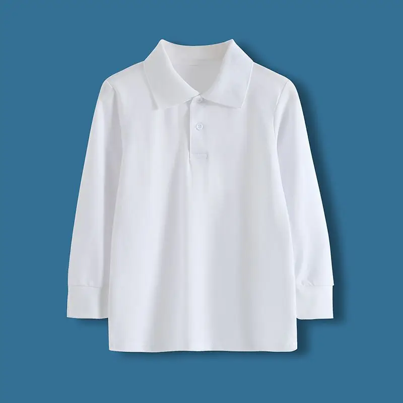 Children's Long Sleeved, Boys Girls, Middle-Aged Young Children, Pure Cotton Collar, Primary School Uniform, White Polo Shirt,