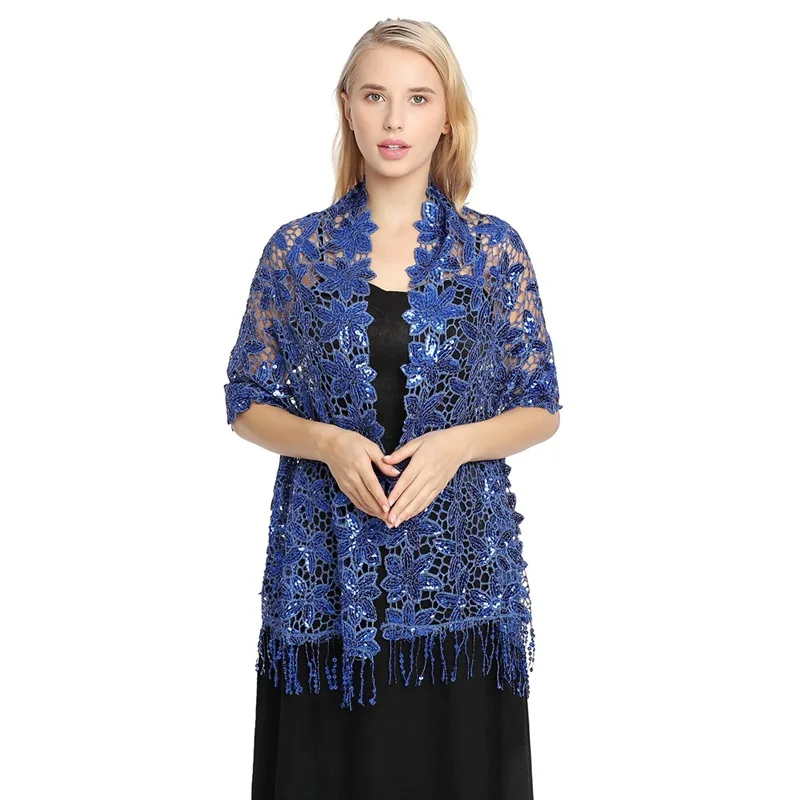 Spring Autumn New Sequin Tassel Shawl Cape European American Dinner Party Cheongsam Shawl High-end Shawl Woman Cloak Blue crystal metal sequin scarf women personalized design shawl neckerchief clothing jewelry accessories party night club dress decor