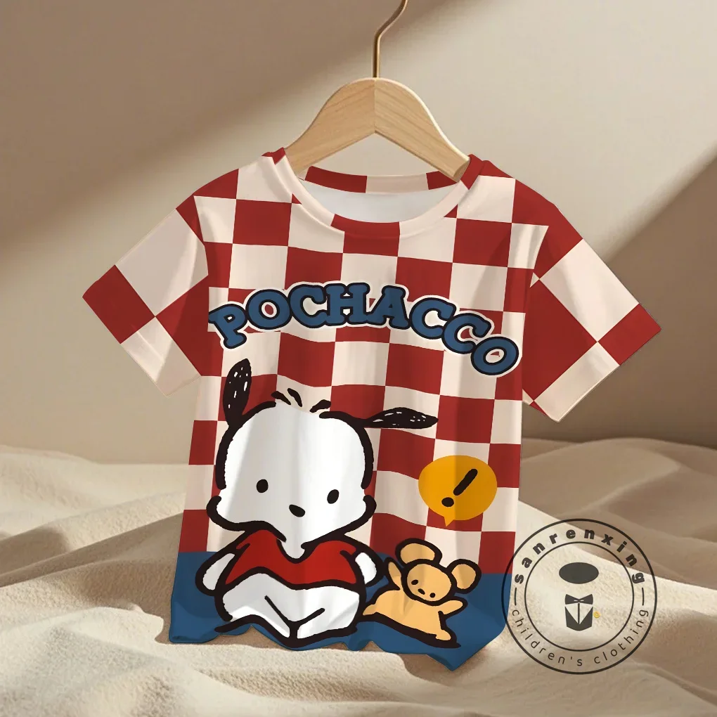 Pochacco 티셔츠 세트 어린이 애니메이션 여름 탑 여러 패션 어린이 티셔츠 라운드 넥 캐주얼 반소매 프린트 트럭 슈트