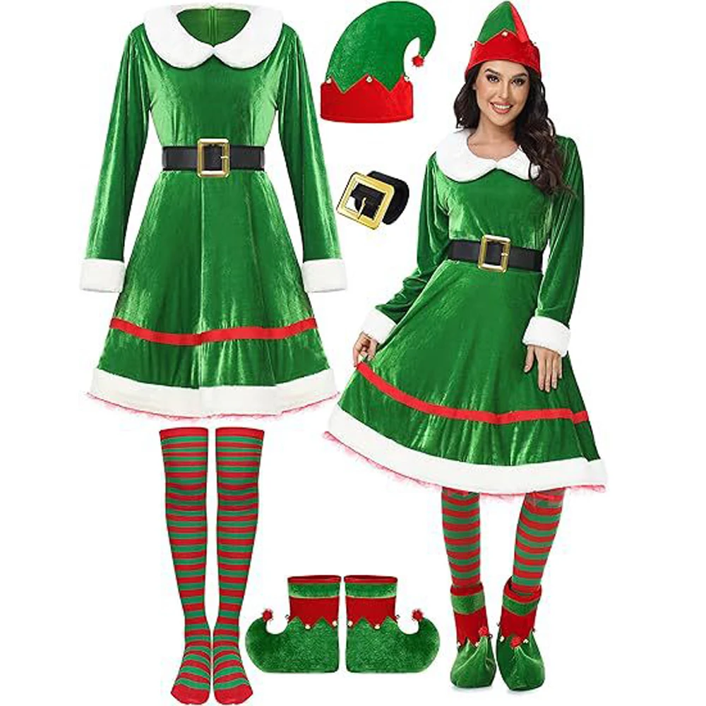 thumbnail image 5 of Disfraces de Navidad para niñas y mamás, conjunto de vestido + sombrero + calcetines + zapatos + cinturón para toda la familia, elfo navideño, traje de Navidad para niños y adultos, 5 of 5