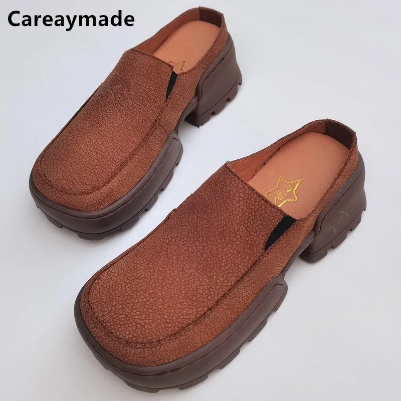 

Careaymade-Genuine Leather thick soled women's shoes half drag middle heel man shoes Pure handmade lazy shoes summer size 34-45