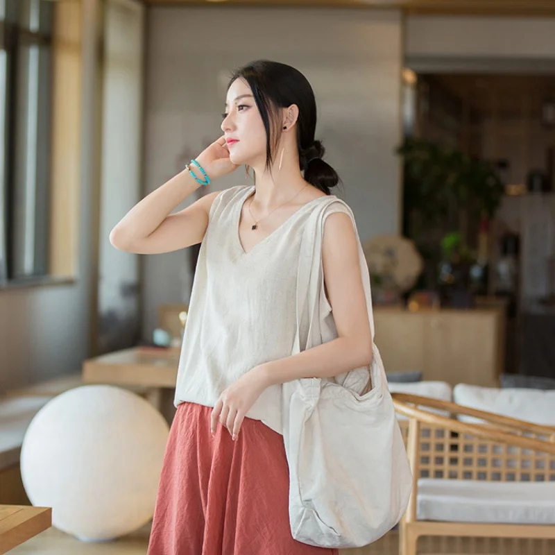 

Vintage cotton linen summer vest 2023 Sleeveless Harajuku casual basic women's top Girls vest women's solid color V-neck