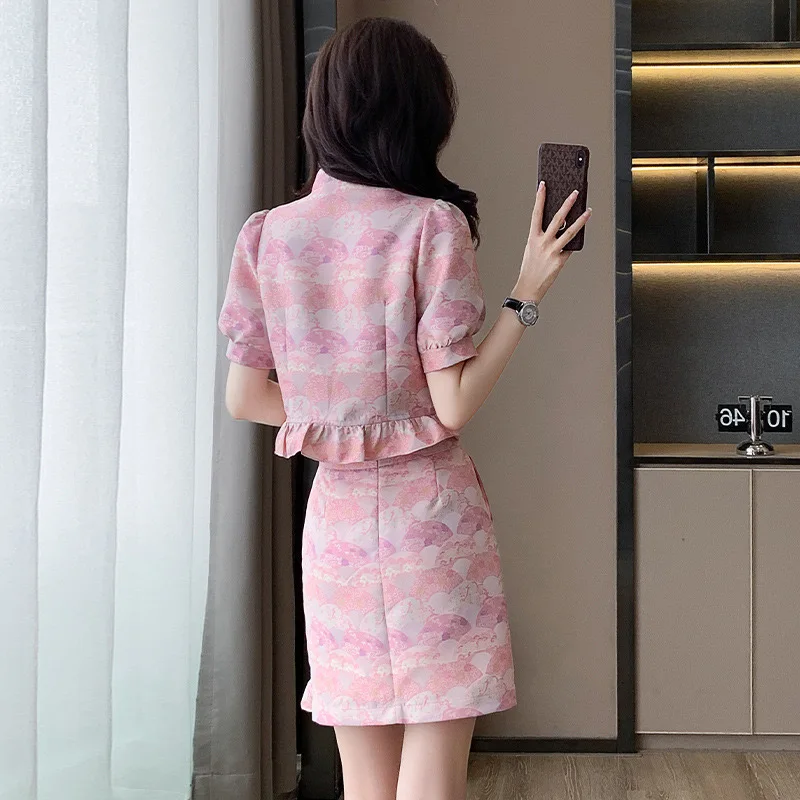 Bridesmaid Chinese Girls Party Tradition Clothing Pink Suit Top+Skirt