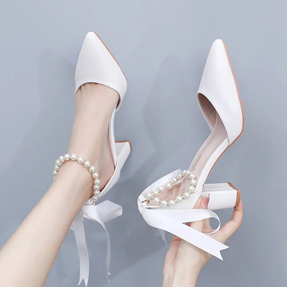 Women's New Luxury Pearl Rhinestone Wedding Party Thick High-heeled Hollow Pointed Single Shoes