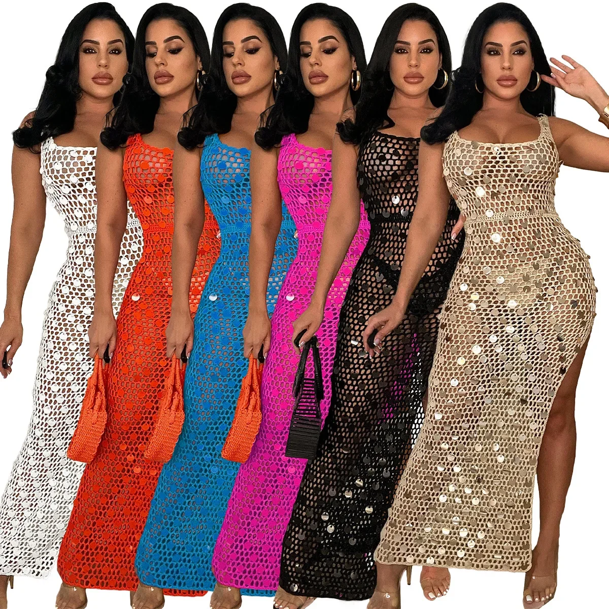 

Women Hand Knitted Hollow Sequined Vest with Slits Maxi Dress Female 2024 Summer Sexy Beach Party Club Dresses Vestidos