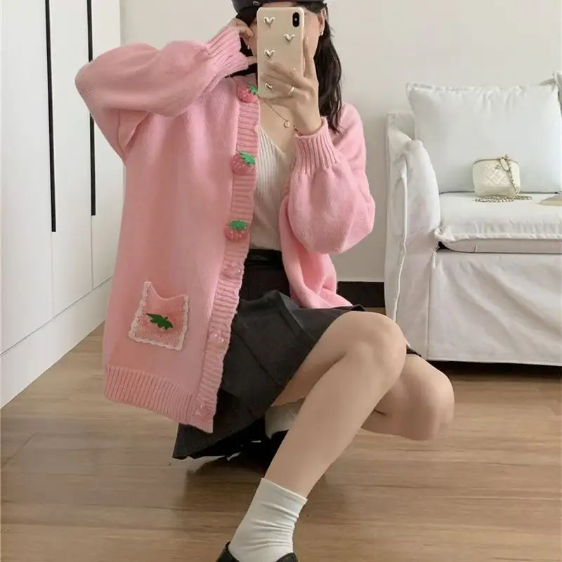3D Pink Strawberry Cute Sweet V Neck Long Sleeve Knitted Cardigan Sweater Women Korean Casual Jacket Female Coats Autumn Winter 4