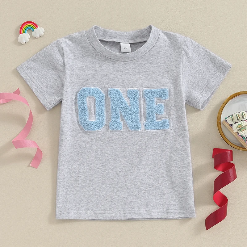 

2023-11-27 Lioraitiin 1-7Y Toddler Baby Boys Birthday T-Shirts Fuzzy Letter Embroidery Short Sleeve Round Neck Loose Tops