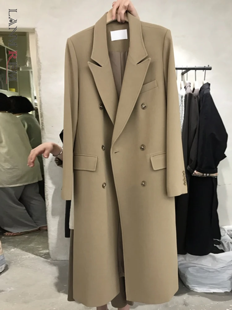 

LANMREM Office Lady Long Blazers Notched Collar Double Breasted Solid Color Coat Women Fashion 2023 Autumn New Clothing 2AA1867