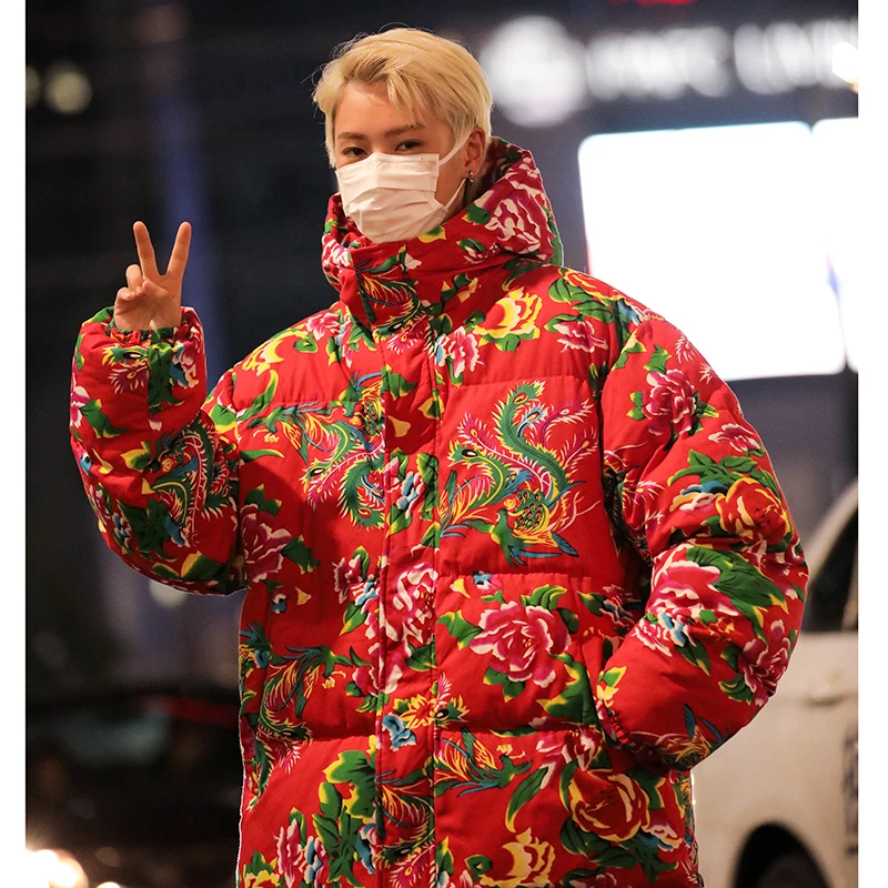 북동쪽 큰 꽃면 패딩 재킷 남성 국가 패션 모란 꽃면 패딩 재킷 겨울 두꺼운 겉옷 생일 파티 스푸핑 축제 코튼 패딩 재킷