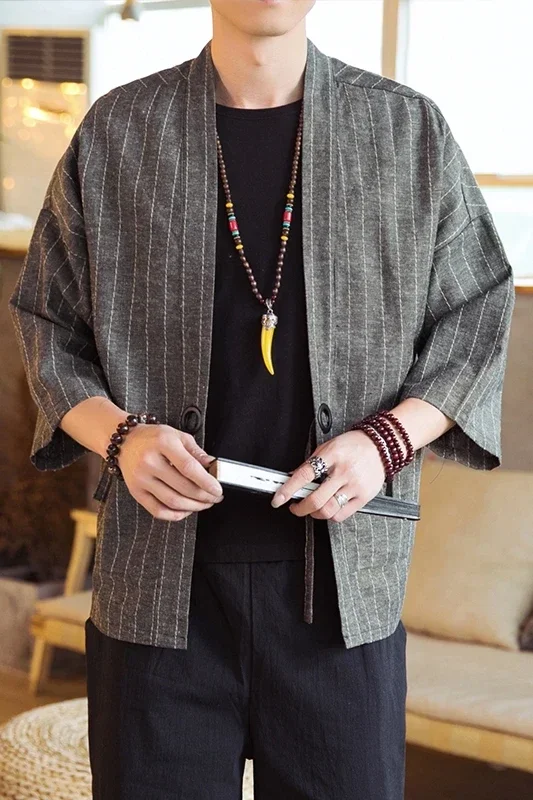 Men's Chinese Style Cotton Linen 3/4 Sleeve Shirt Striped Hanfu Tang Tops Loose Robe Gown Jacket Retro Coat