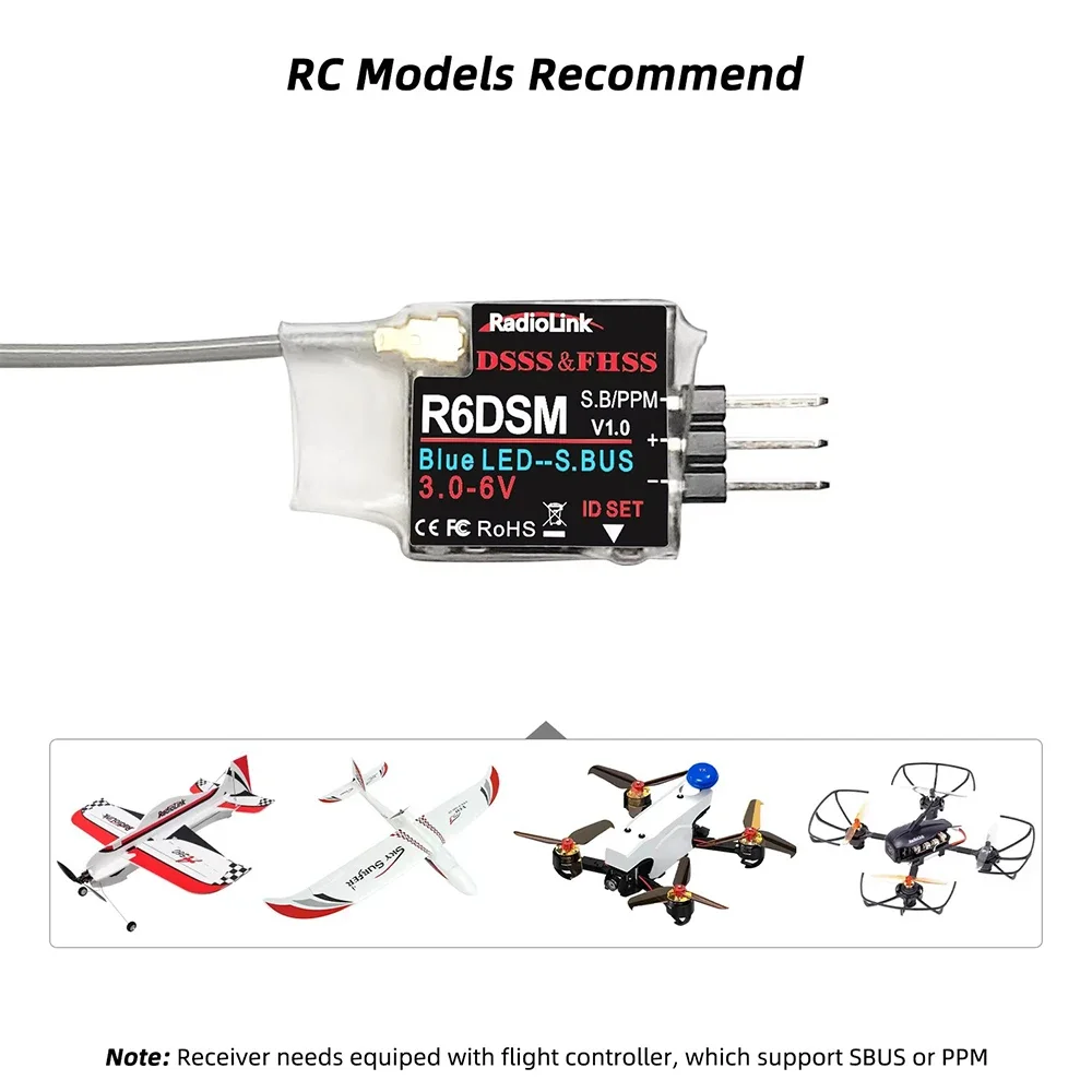 Radiolink R6DSM Récepteur RC 2.4G 10CH SBUS/PWM Mini 1g pour Drone FPV