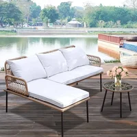 3 Pieces Patio Furniture Set, L-Shaped Outdoor Chaise Lounge Wicker Rope Boho Patio Bistro Set for Balcony,Poolside,Porch, White 1