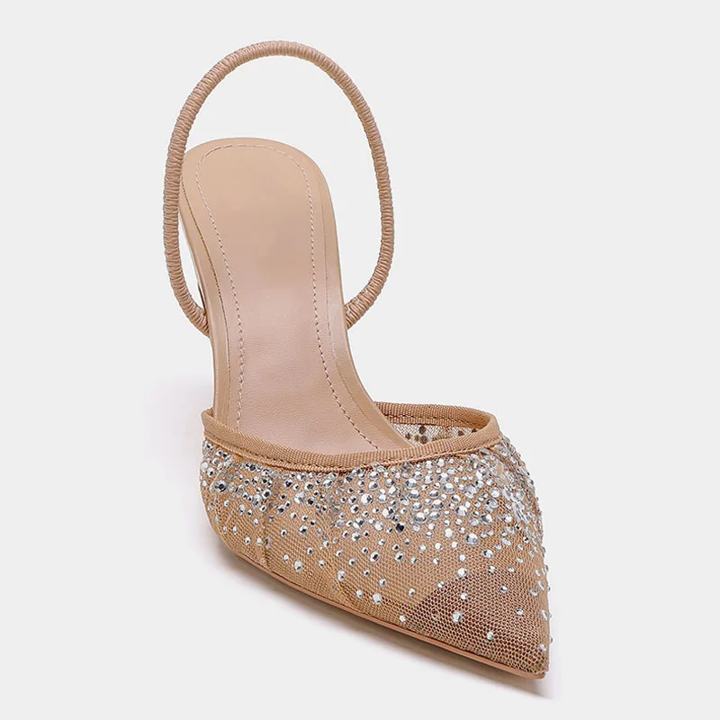 TRAF 2024 Women High Heeled Sandals Summer Fashion Mesh Rhinestone Slingback Woman Pumps Elegant Woman Sandals Party Lady Shoes