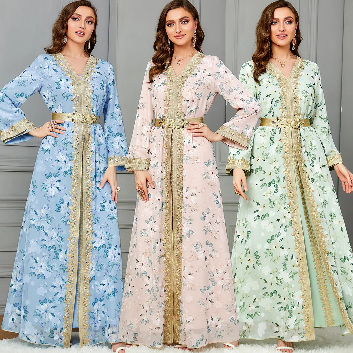 Muslim Suit Set for Africano Woman Party Moroccan Dubai Dress Fashion Printing Full Sleeve Belted Turkish Clothing Dress Set