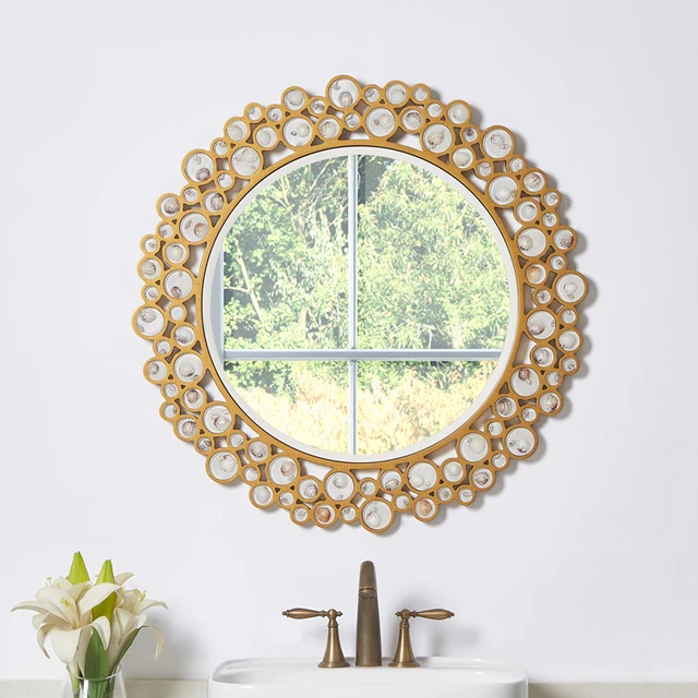 Espejos decorativos de pared para decoración del hogar, accesorios redondos  dorados para sala de estar, baño, ducha, Espejo Grande - AliExpress