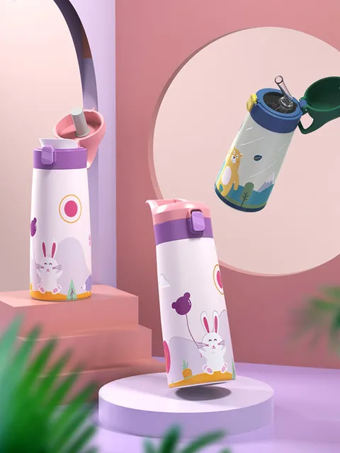 Kids Thermos Stainless Steel Mug 350/500ml Cartoon Leak-proof Vacuum Cup  With Straw Baby Girls Cute Kawaii Children Water Bottle