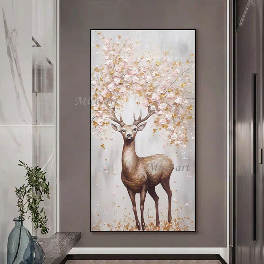 

Abstract Gold Foil Painting Art Canvas Roll Frameless Deer Cartoon Pictures 3D Beautiful Flowers Wall Animal Handmade Decor