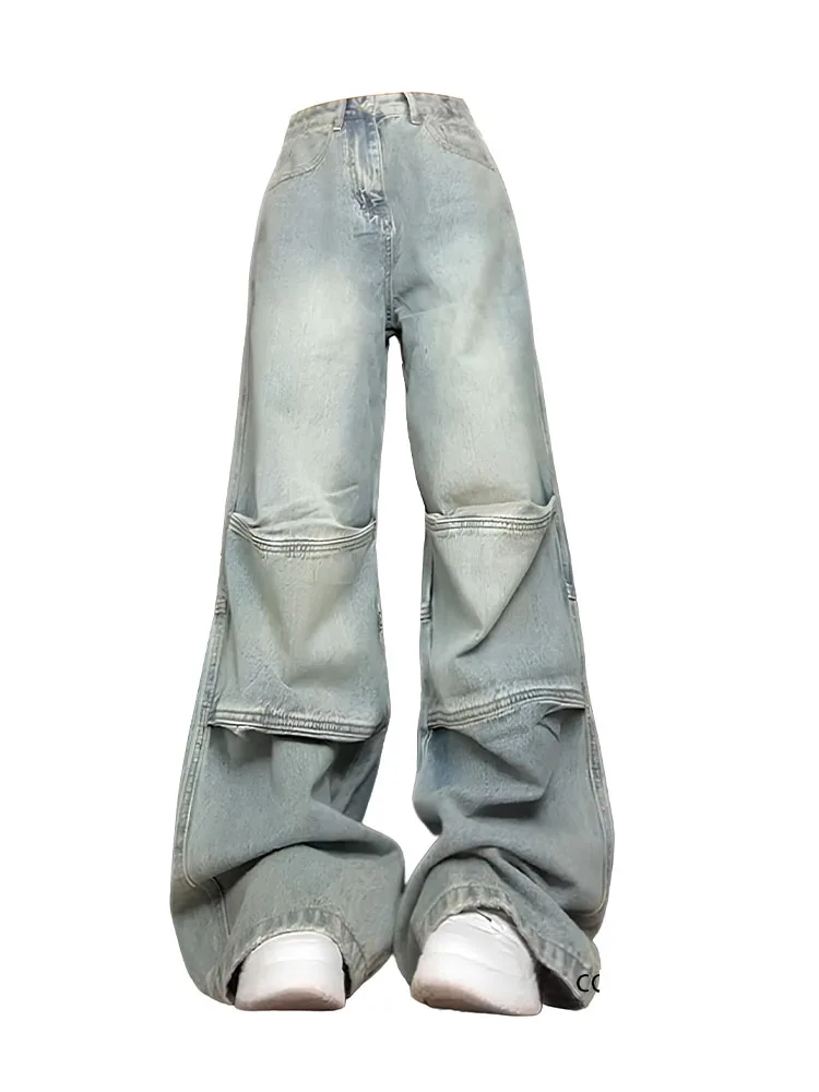 

High Quality Casual Baggy Washed Blue Jeans Korean Fashion Simple Hiphop Wide Leg Trousers Spliced Denim Pants 2000s Aesthetic