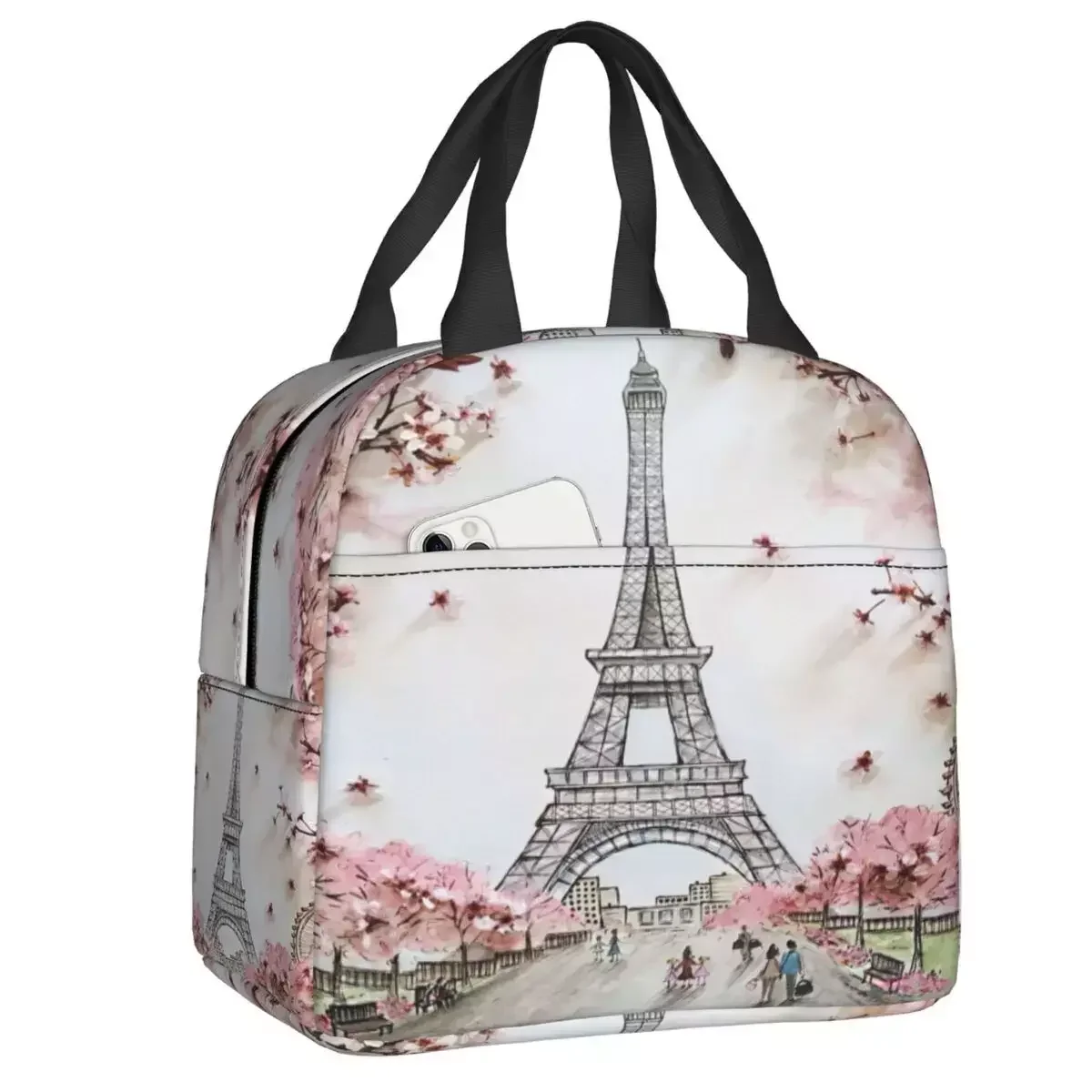 

2024 New Eiffel Tower Spring Art Portable Lunch Box Women Leakproof Cooler Thermal Food Insulated Lunch Bag Office Work