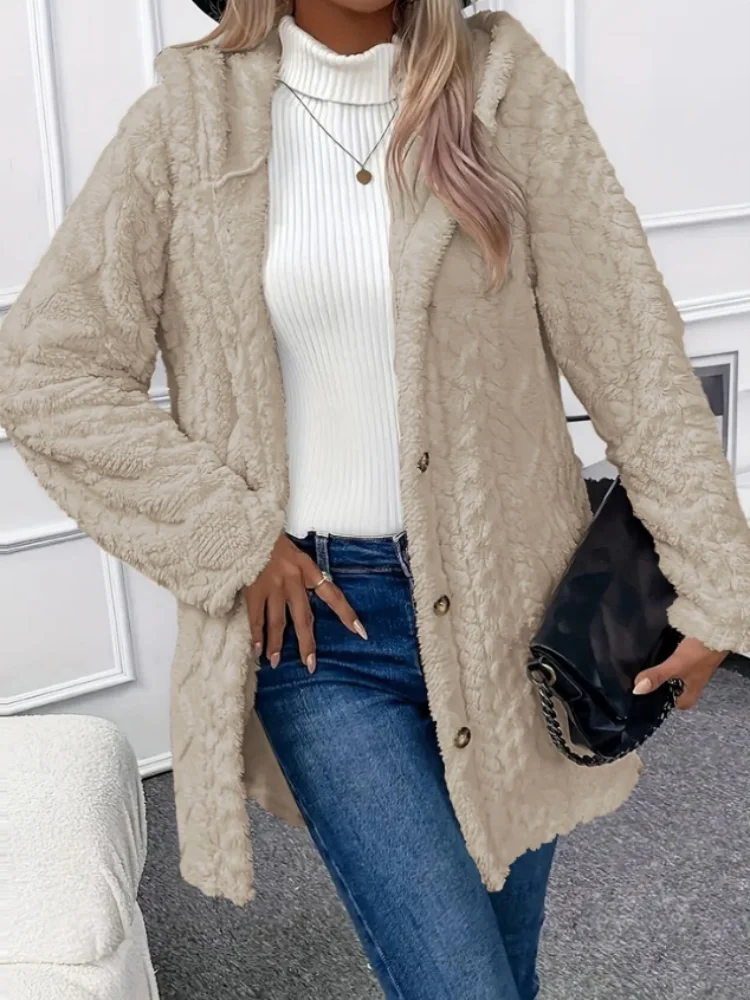 سترة نسائية شتوية عصرية دافئة بأكمام طويلة مع قلنس...