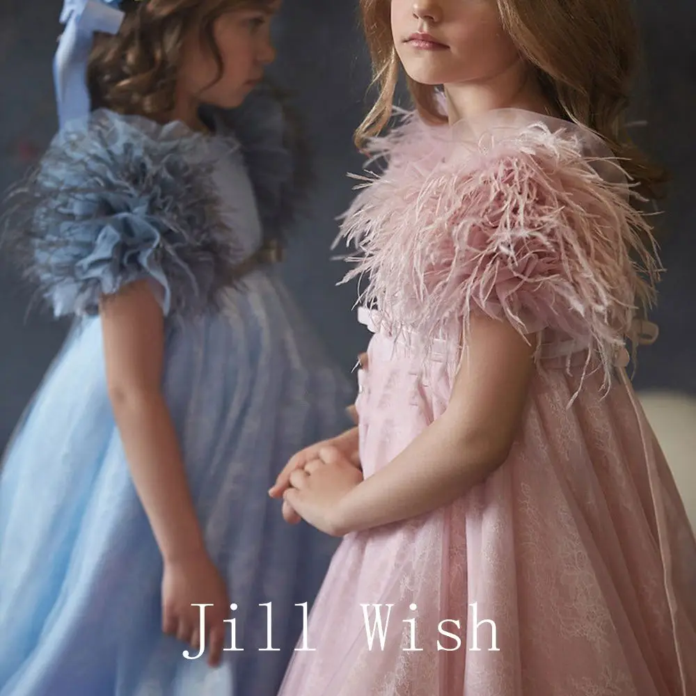 Jill Wish Luxury Elegant Dusty Pink Flower Girl Dress Fearthers Princess Gown Kids Wedding Birthday Party Communion Pageant J114