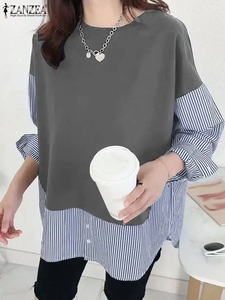 

ZANZEA Autumn Fashion Stripe Hoodies O Neck Long Sleeve Patchwork Blouse Woman Elegant OL Work Shirt Casual Loose Chemise 2023