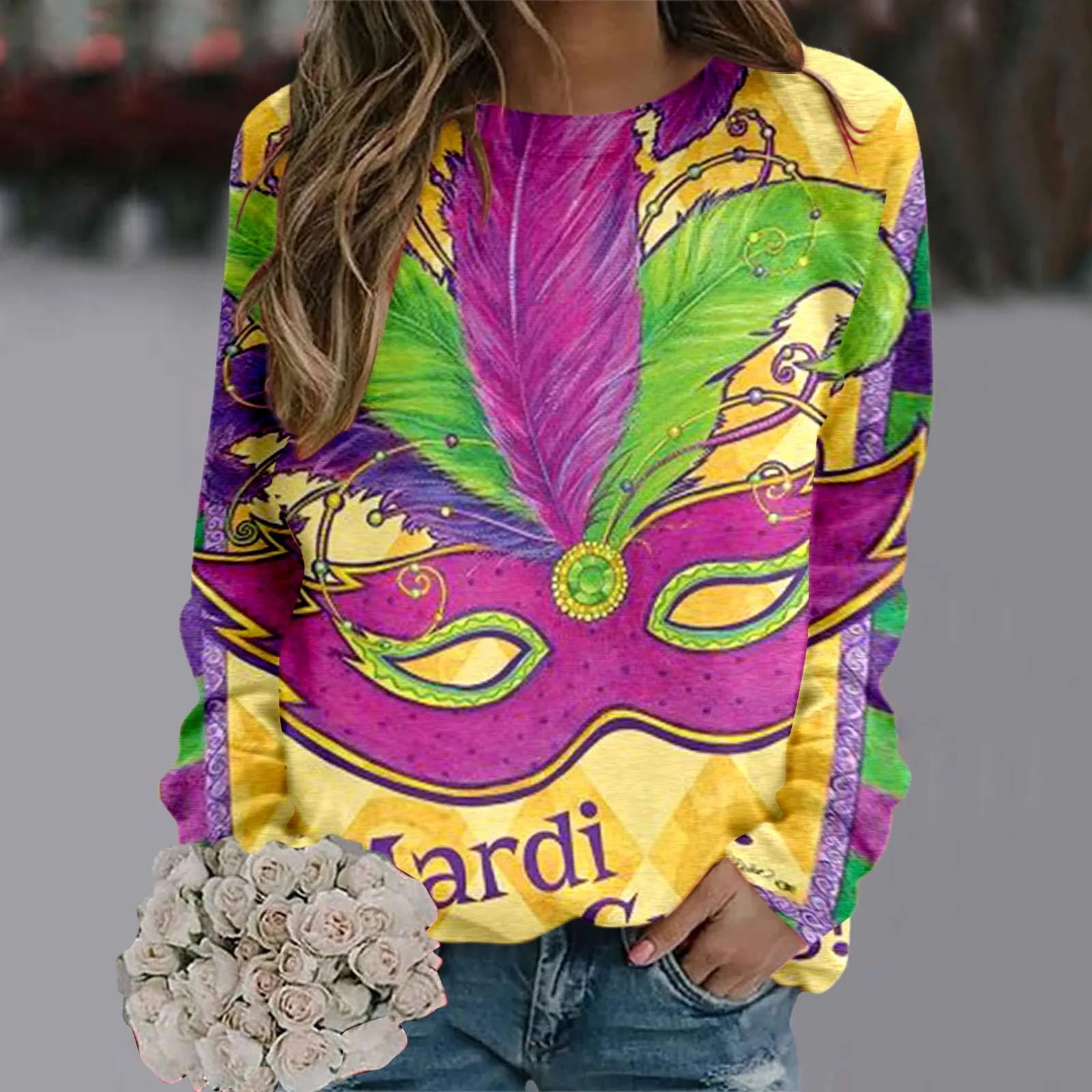 

Womens Mardi Print O Neck Sweatshirt Round Neck Fit Pullover Tops Casual Long Sleeve Japanese style Tracksuit Exercise