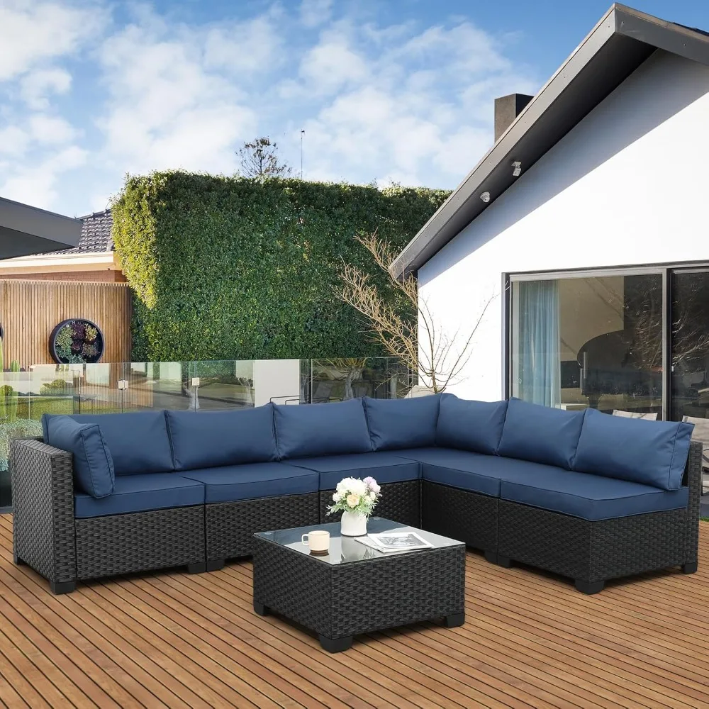 Outdoor PE Wicker Furniture Set, Patio Black Rattan Sectional Sofa Couch with Washable Navy Blue Cushions 2
