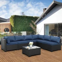 Outdoor PE Wicker Furniture Set, Patio Black Rattan Sectional Sofa Couch with Washable Navy Blue Cushions 2