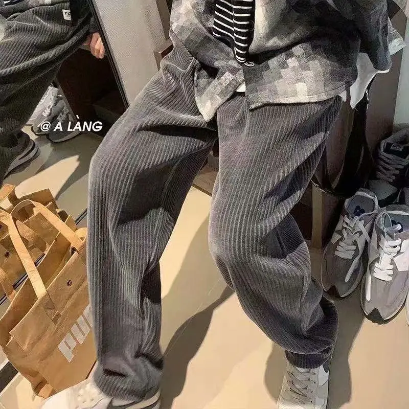 Summer Men's Casual Tie Straight Leg Pants Corduroy Monochrome Oversized Warm Korean Street Pants Streetwear casual pants,corduroy pants