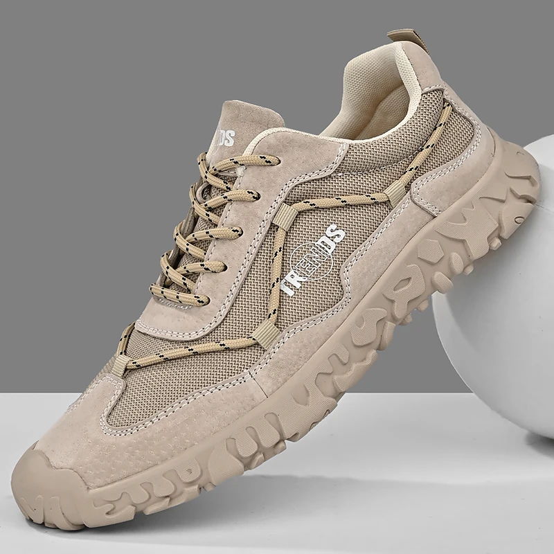 

Four seasons leather outdoor hiking shoes breathable pig skin casual mesh shoes