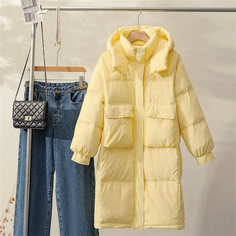 

2023 New Down Suit Women's Mid length Over Knee Korean Version Loose Thickened Hooded Waistband Versatile White Duck Down Coat