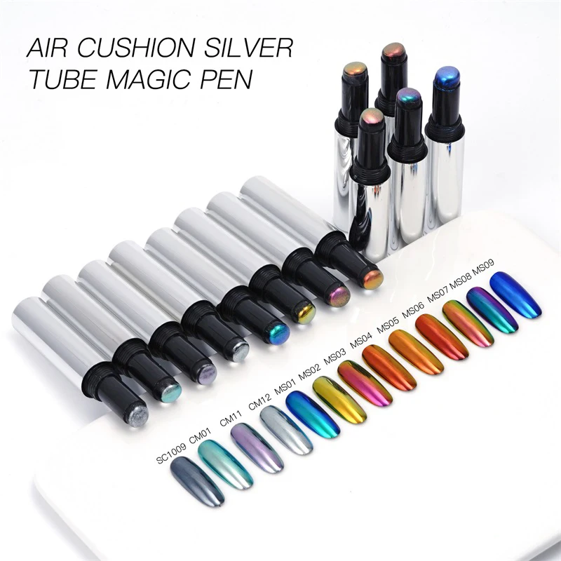 HNDO New Aurora Powder Air Cushion Magic Pen Silver Tube Mirror Chrome Effect for Nail Art Decoration Iridescent Pigment