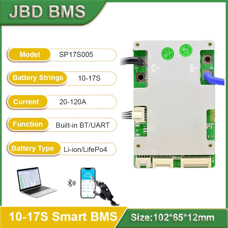 JBD 스마트 BMS Lifepo4 리튬 배터리 자동 식별, 내장 BT, 10S, 12S, 13, 14S, 15S, 16S, 17S, 20A,..