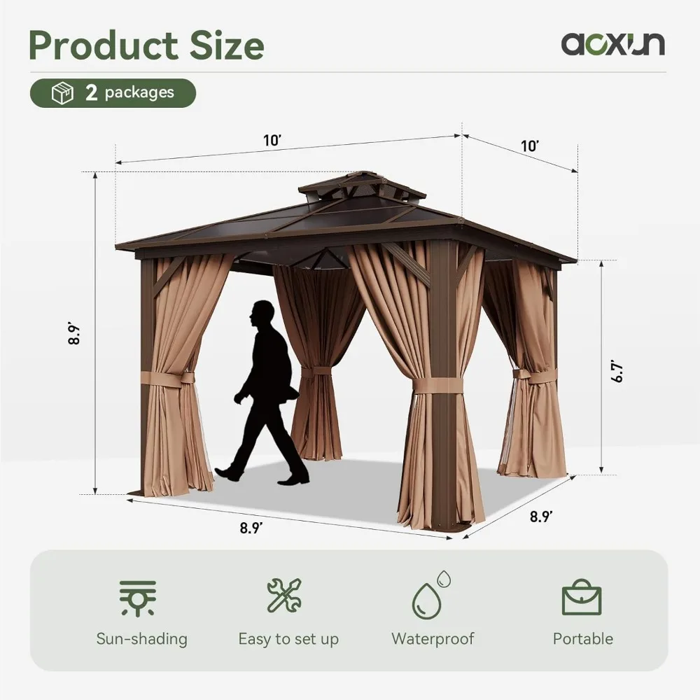 10'x10' Hardtop Gazebo, Outdoor Polycarbonate Double Top Canopy, Aluminum Frame Gazebo with Netting and Curtains, Gazebos 3