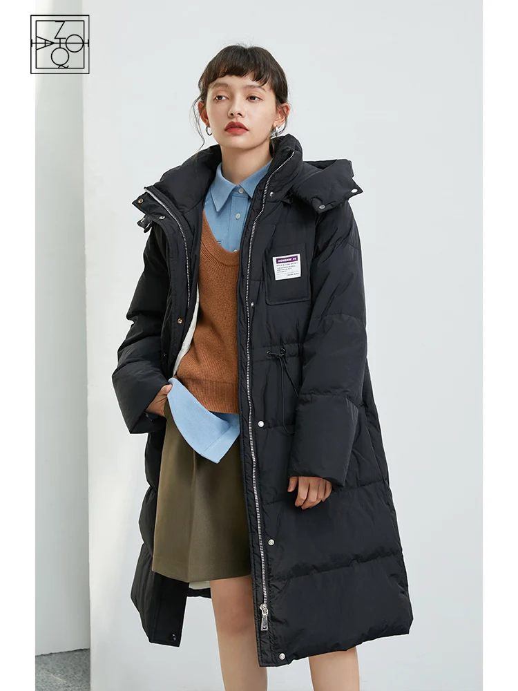ZIQIAO Women's Black Winter Long Down Jacket Three-proof Fabric Hooded Coat Women Stand-up Collar Straight пуховик женский |