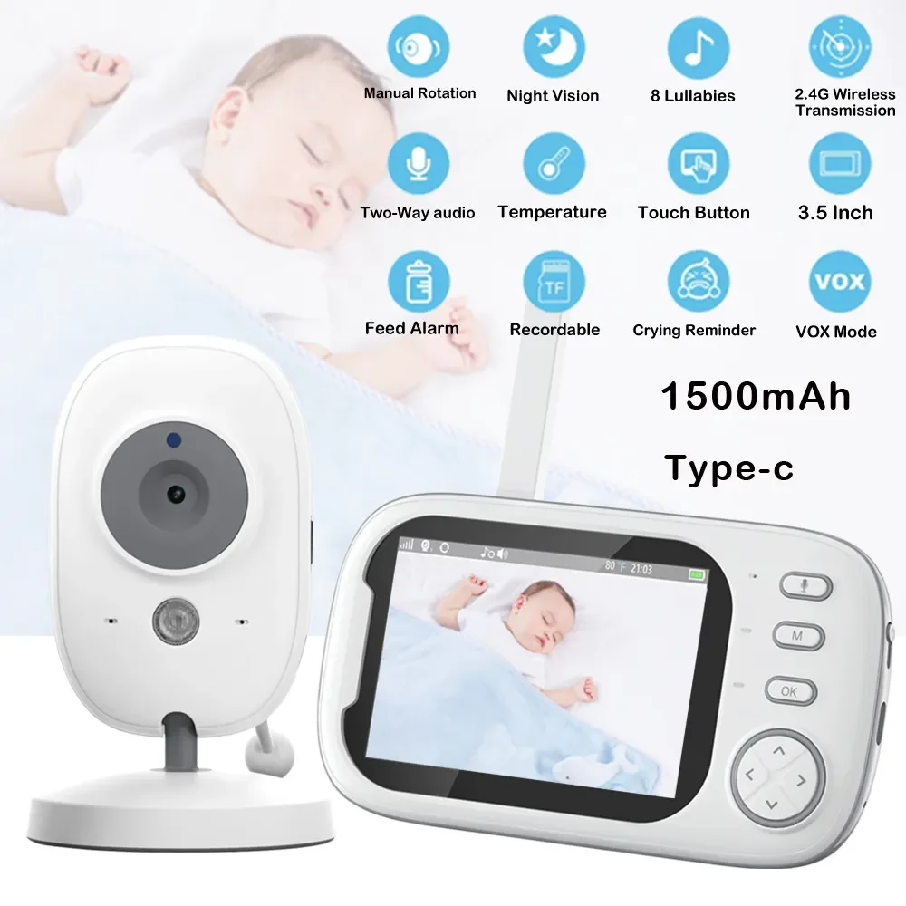 

Baby Monitor With Camera 3.5 Inch Wireless Security Video Feed Alarm Night Vision Home Protection Nanny Lullaby Type-C Charge
