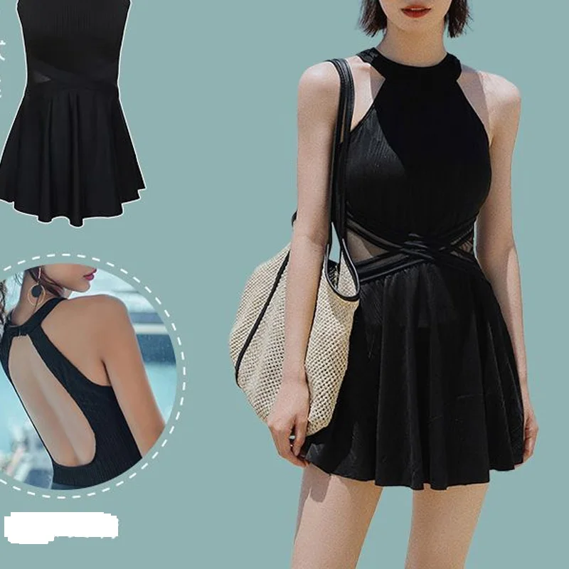 2023 New Fashionable Beach Women's Bathing Temperament Backless Swimwear Sexy High Waited One Piece the Bell Solid Halter Bikini