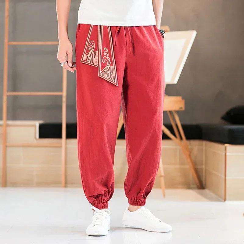 Zen Tea Men Chinese Style Embroidery Dragon Kung Fu Harem Pants Vietmam Japanese Fashion Sports Casual Trousers Dance Streetwear