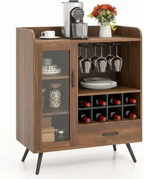Costway Wine Storage Cabinet, Bar Buffet Cabinet With 3-Row Wineglass Holder, Removable Wine Rack, Tempered Glass Door &