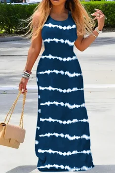 Women's Navy Blue Tie-Dye Halter Maxi Dress with Sleeveless Loose Fit - Boho Chic Summer Vacation Beach Evening Gown for Casual 1