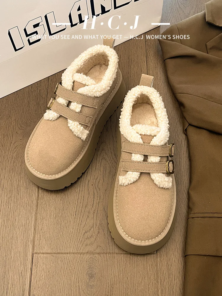 

Женские сабо 2023 на платформе без шнуровки, женская обувь с круглым носком, новинка, криперы, зимнее платье без застежки, до середины икры, плюшевые овчины на среднем каблуке