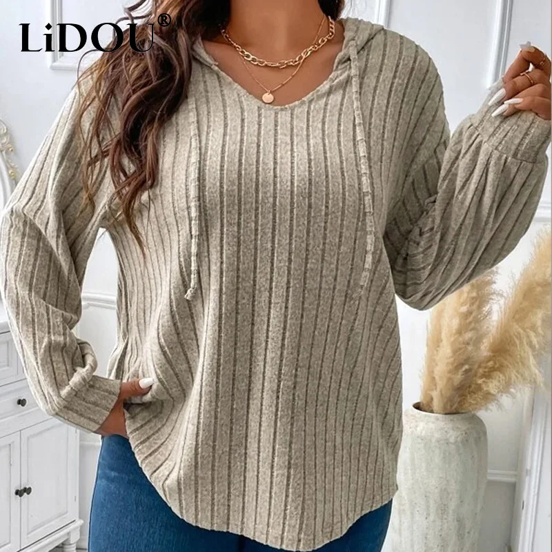 2023 Spring Autumn Solid Color Fashion Hooded Long Sleeve Hoodies Women Loose Casual Drawstring Striped All-match Pullovers