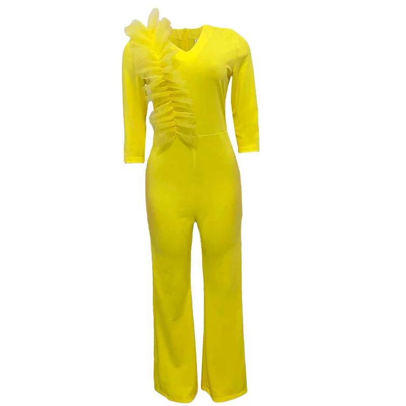 WSFEC Elegant Evening Jumpsuits Solid Mesh Seven Sleeve V Neck Bodycon Casual Wide Leg Bodysuits African Women Outfits Winter