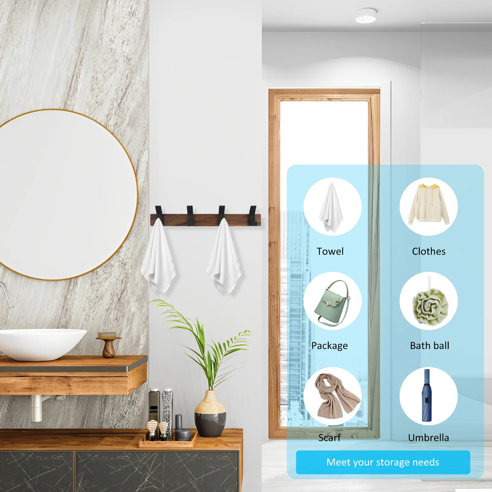 4Pcs Walnut Wood Coat Hooks Multi-purpose Wall-Mount Behind-door Key Clothes Hanger Hook Kitchen Bathroom Organizer Rack New