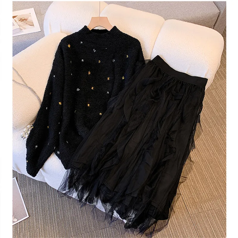 

Fall Winter Sets Women Long Sleeve Pullover Knitted Loose Sweater And Ruffles Patchwork Mesh Long Skirts Sets Korean Sweet Suits