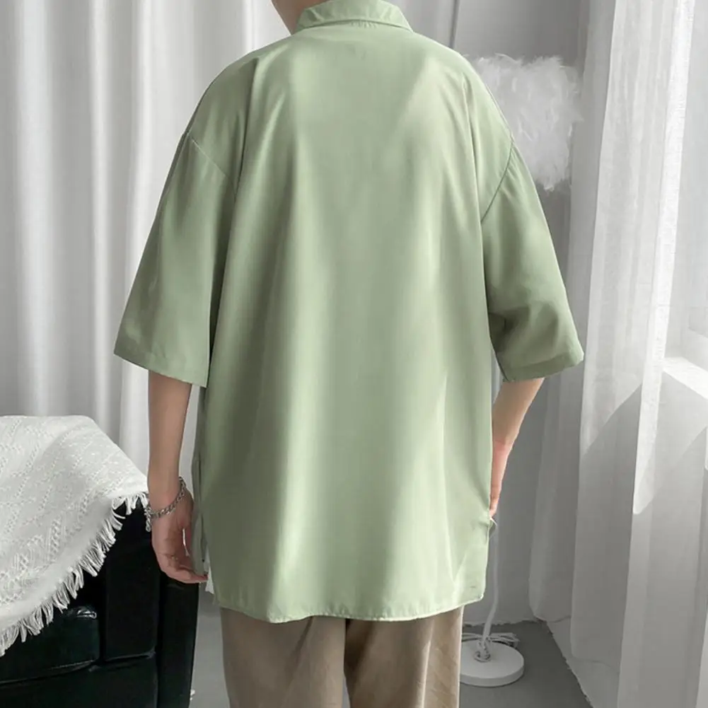 

Solid Color Shirt Men Casual Top Stylish Men's Single-breasted Shirt Loose Fit Soft Breathable with Turn-down Collar for Summer