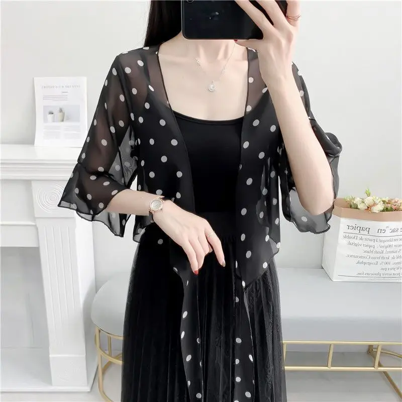 Fashion Printed Chiffon Loose Bandage Bow Polka Dot Shirt Female Clothing 2023 Spring New Casual Tops Flare Sleeve Sweet Blouse