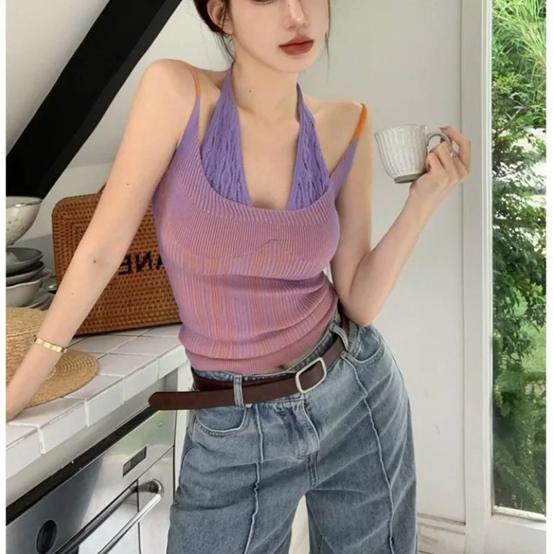 

Spicy Girl Hanging Neck Strap Tank Top 2024 Women's Summer Vacation Two Slim Fit Contrast Color Sleeveless Top Female Clothing